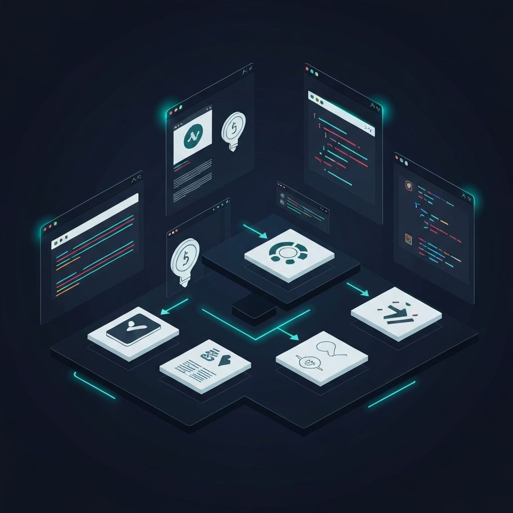 Isometric illustration of software development workflow